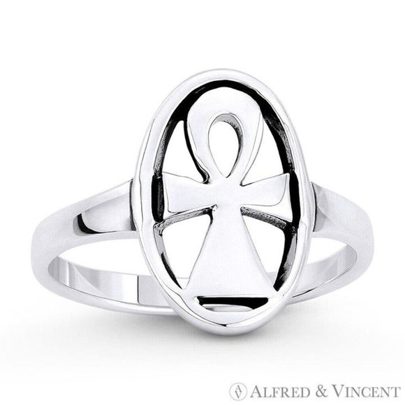 Egyptian Ankh Cross Key-of-Life Oval Charm Ring in .925 Sterling Silver - Size 6 - Picture 1 of 1
